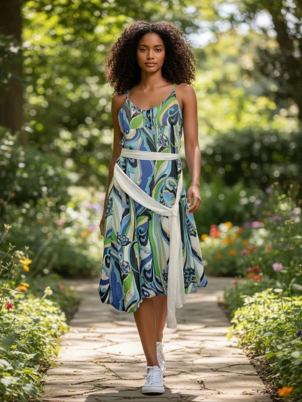 Womans Party Summer Dress 100% Polyester By Fucisa In Large Blues &  White Patt.